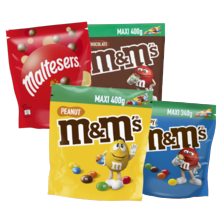 M&M’s maxi zak à 340/400 gram
of Maltesers zak à 273 gram
